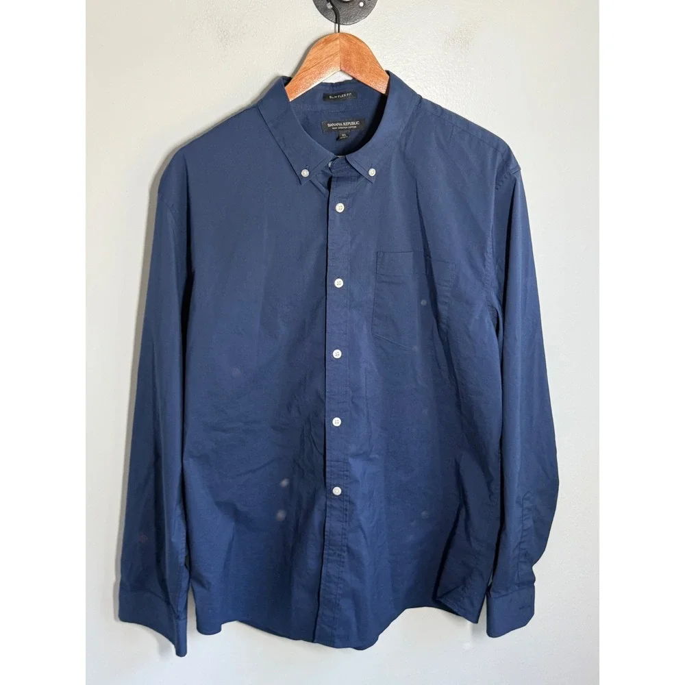Banana Republic Mens XL Slim Flex Fit Tech Stretch Cotton Button Down Shirt Navy